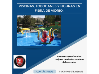 Piscinas, toboganes y figuras en fibra de vidrio.